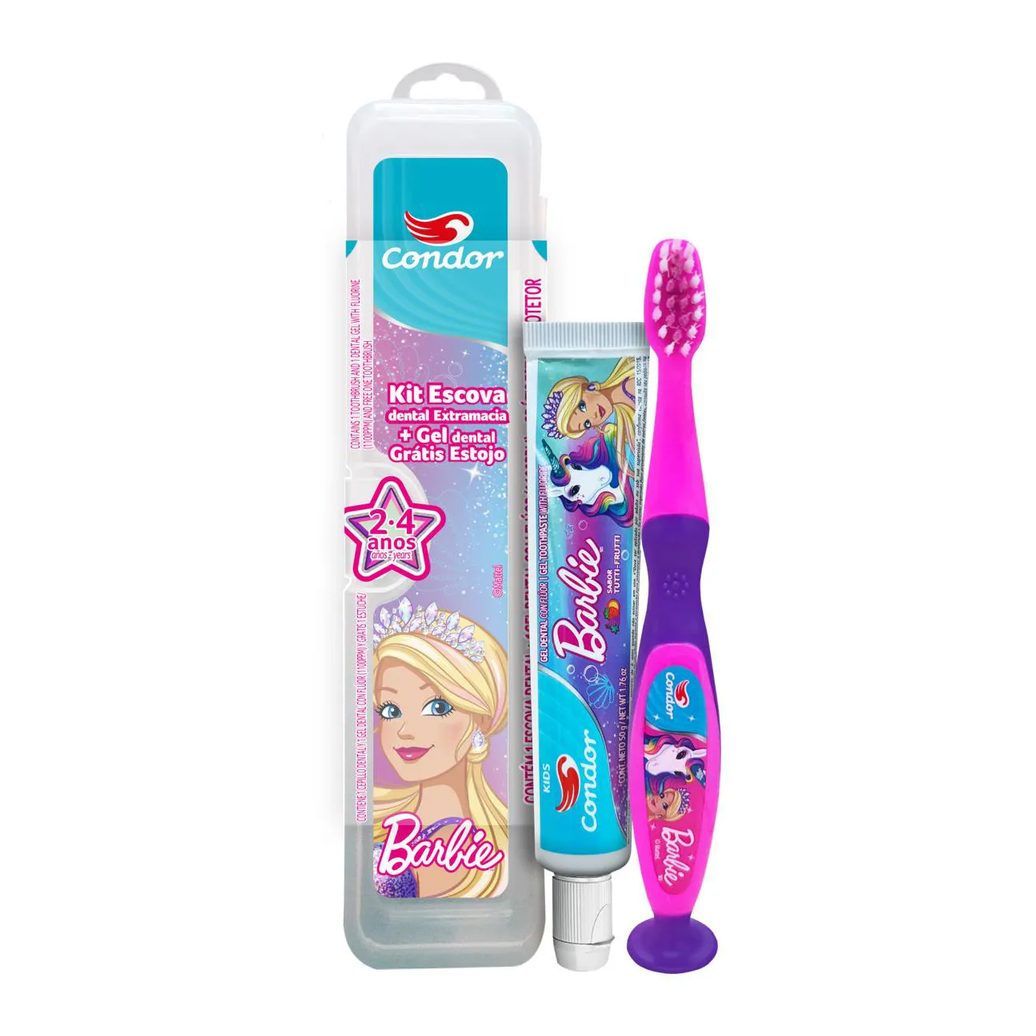 Kit Escova + Gel Dental Barbie 50g Condor com Estojo - Sortidos