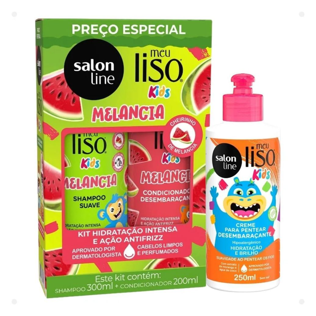 Kit Salon Line Meu Liso Kids: Shampoo 300ml e Condicionador 200ml Melancia + Creme para Pentear 250ml