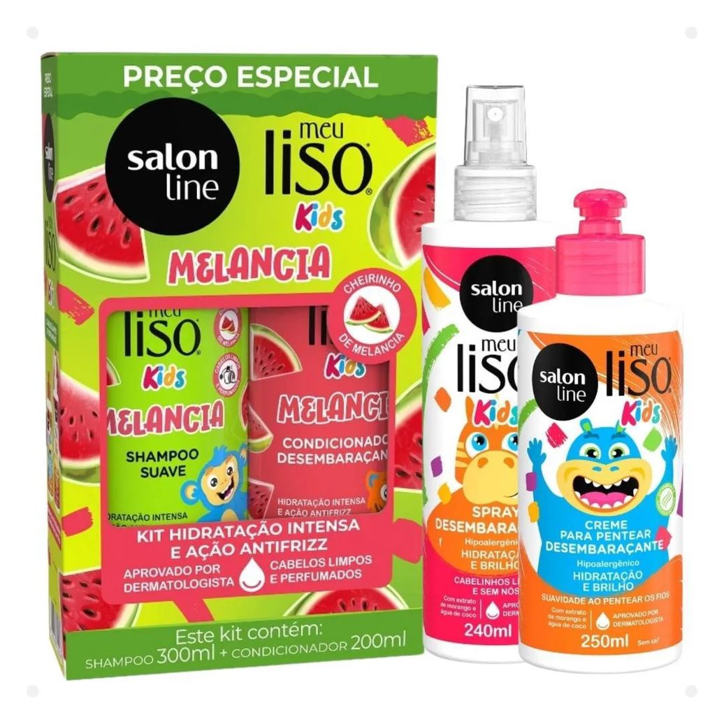Kit Salon Line Meu Liso Kids: Shampoo 300ml e Condicionador 200ml Melancia + Creme para Pentear 250ml e Spray Desembaraçante 240ml