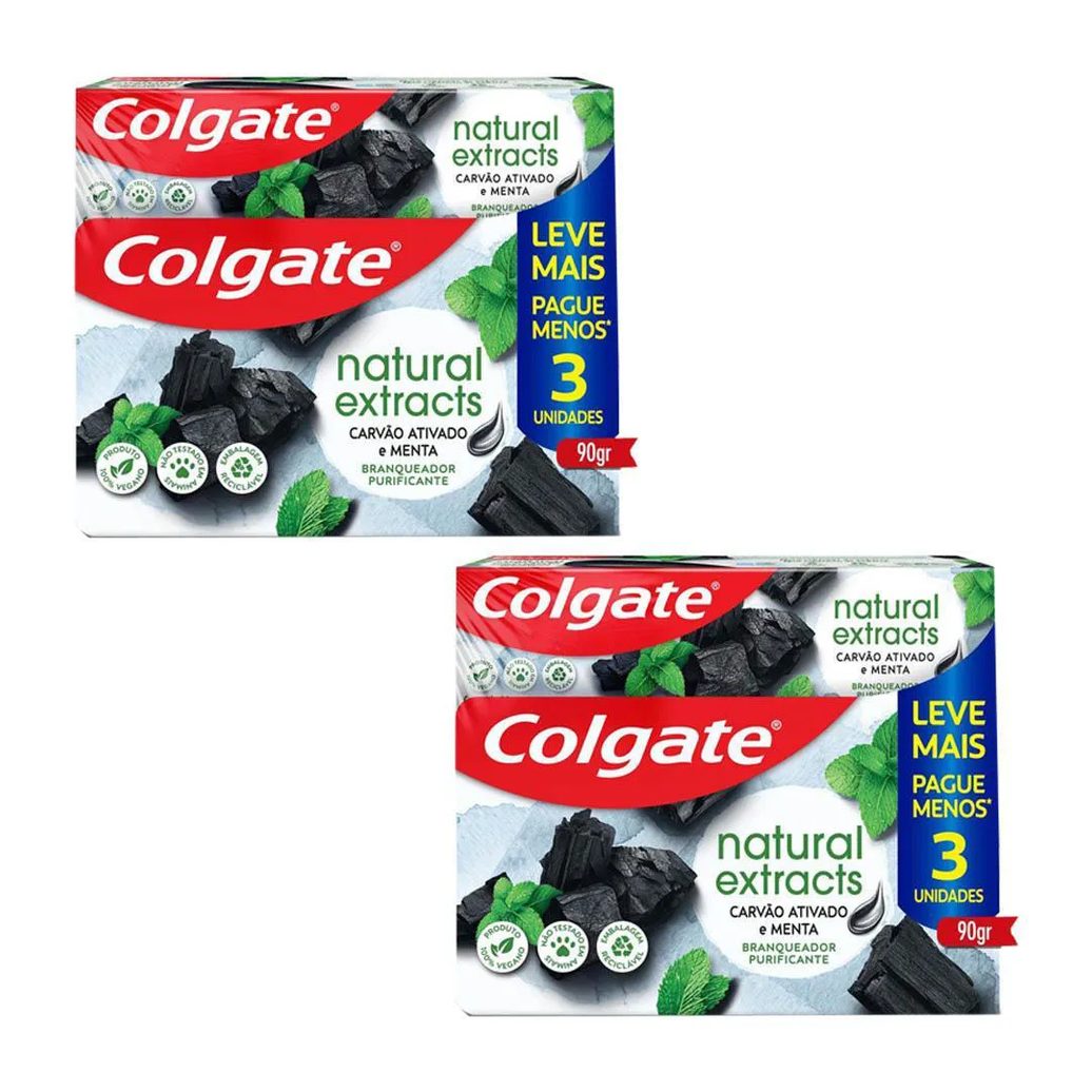 Kit 2 Pack Creme Dental Colgate Natural Extracts Carvão Ativado e Menta 6x90g