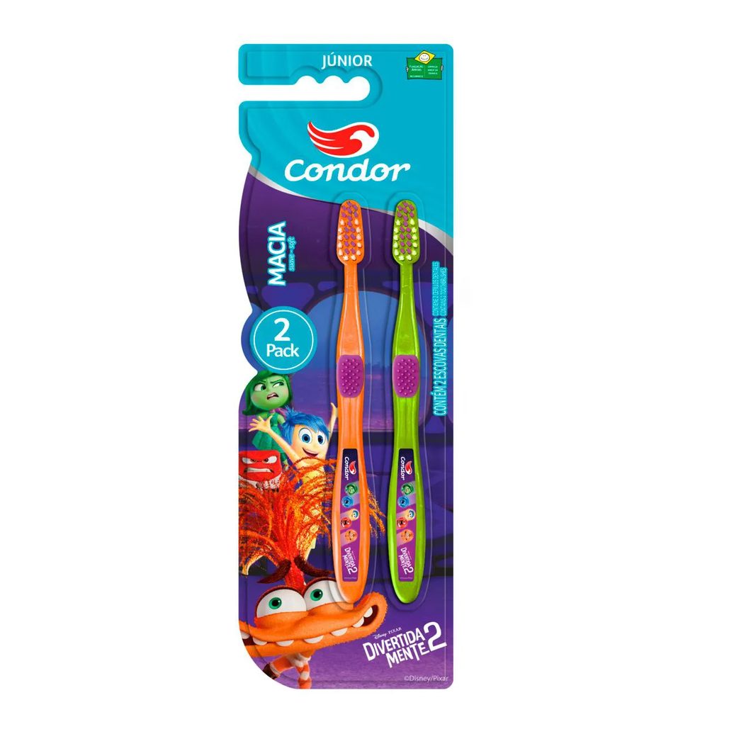 Escova de Dente Condor Divertida Mente 2 Júnior Macia Cabeça P 2 Unidades