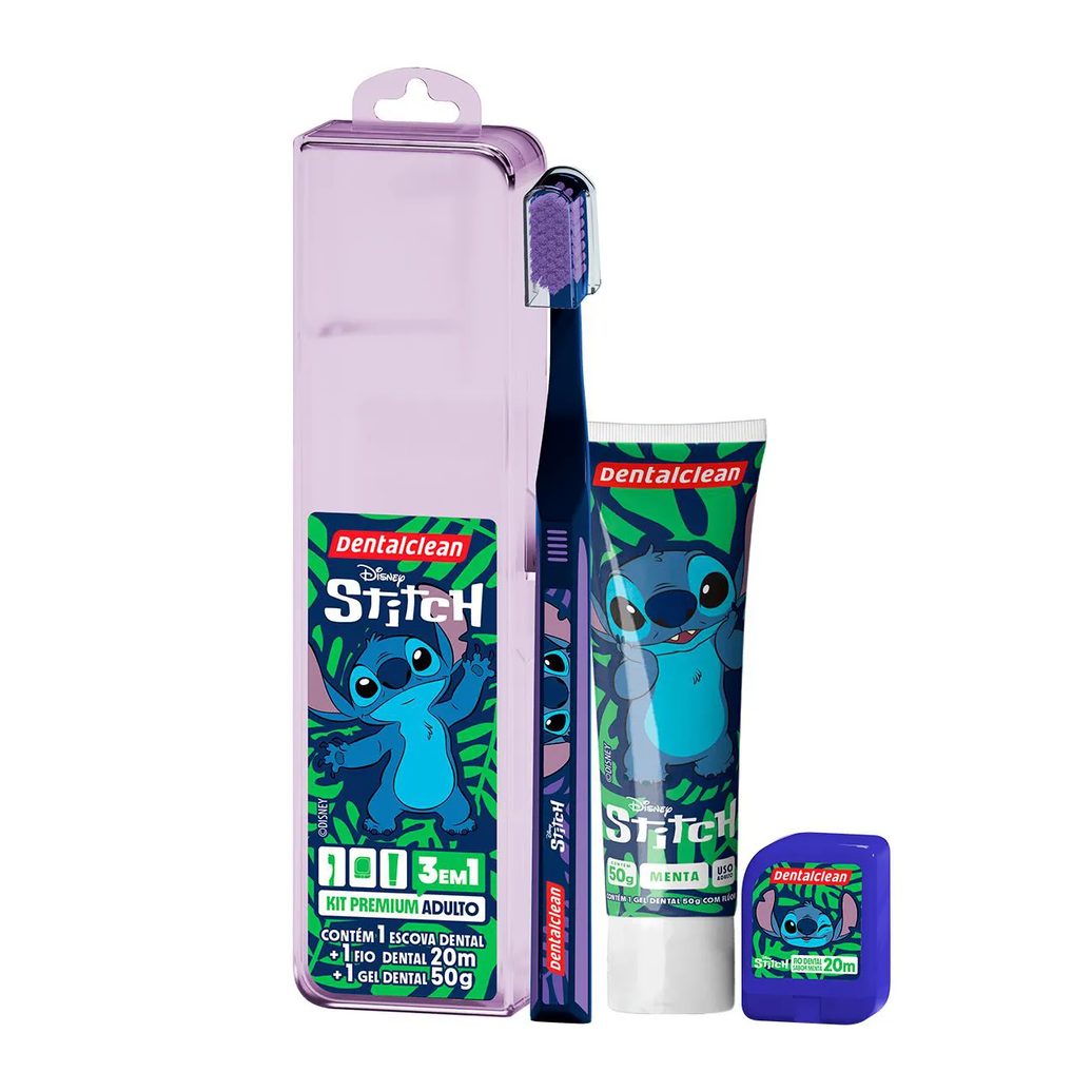 Kit Dentalclean Premium Adulto Disney Stitch 1 Escova de Dente + 1 Fio Dental 20m + 1 Gel Dental 50g