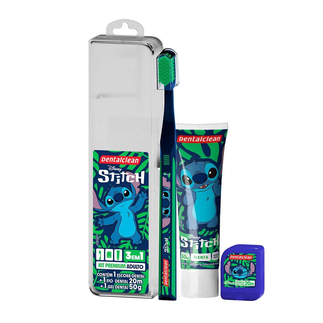 Kit Dentalclean Premium Adulto Disney Stitch 1 Escova de Dente + 1 Fio Dental 20m + 1 Gel Dental 50g