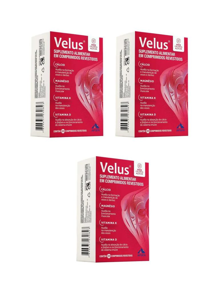 Kit 3 Suplemento Apsen Velus Cálcio Magnésio Vitamina D 30cp