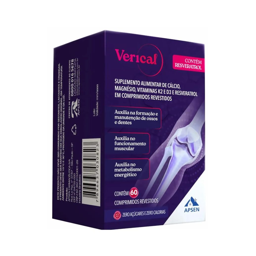 Verical Cálcio Resveratrol Magnésio Vit K E D Apsen 60cp