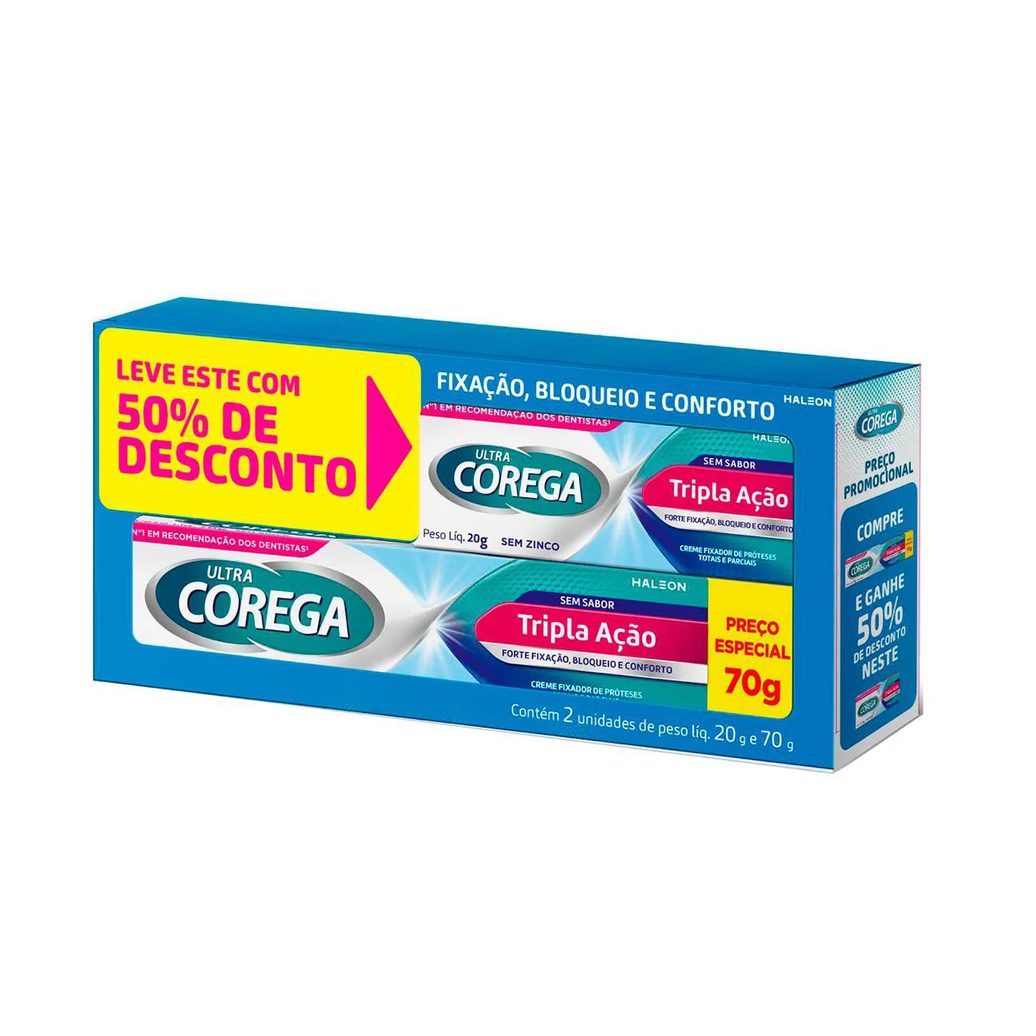 Kit Creme Fixador de Dentadura Ultra Corega Tripla Ação Sem Sabor 70g + 20g