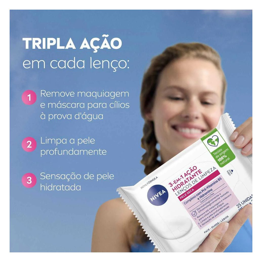 Lenço De Limpeza Facial Nivea 3 Em 1 Ação Hidratante 25 unidades