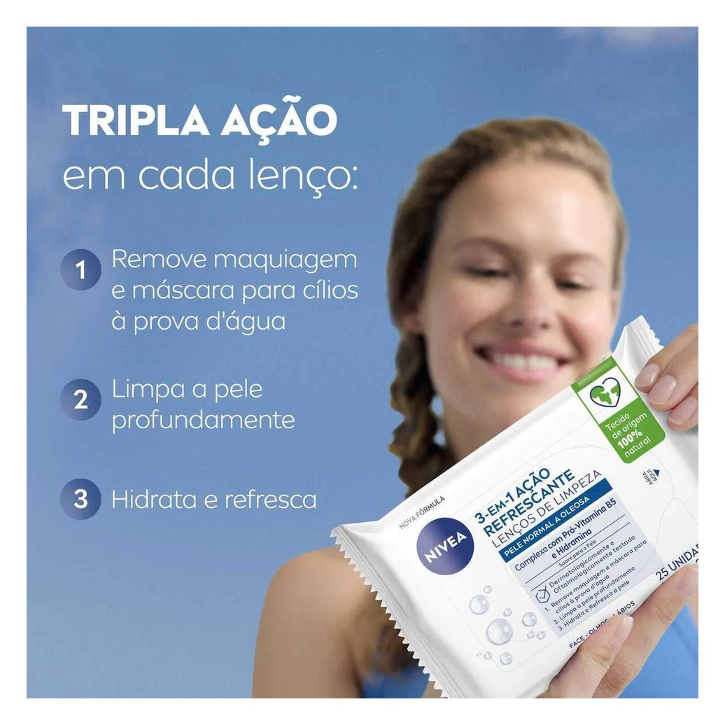Lenço Demaquilante Nivea 3 em 1 Ação Refrescante 25 unidades