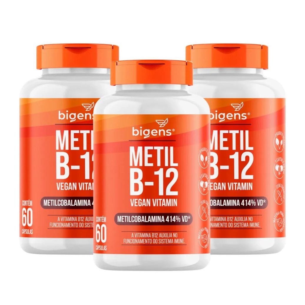 3x Vitamina B12 Metilcobalamina Vegana Bigens 60 Capsulas sem Sabor