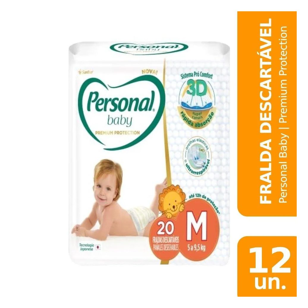 Fralda Descartável Personal Premium Tamanho M - 12 Pacotes com 20 Fraldas - Total de 240 Tiras