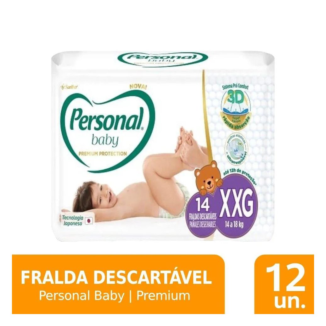 Fralda Descartável Personal Premium Jumbo Tamanho Xxg - 12 Pacotes com 14 Fraldas - Total de 168 Tiras