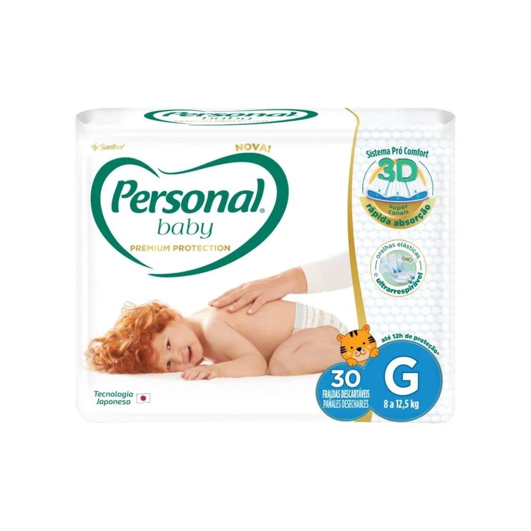 Fralda Descartável Personal Premium Mega Tamanho G - 9 Pacotes com 30 Fraldas - Total de 270 Tiras