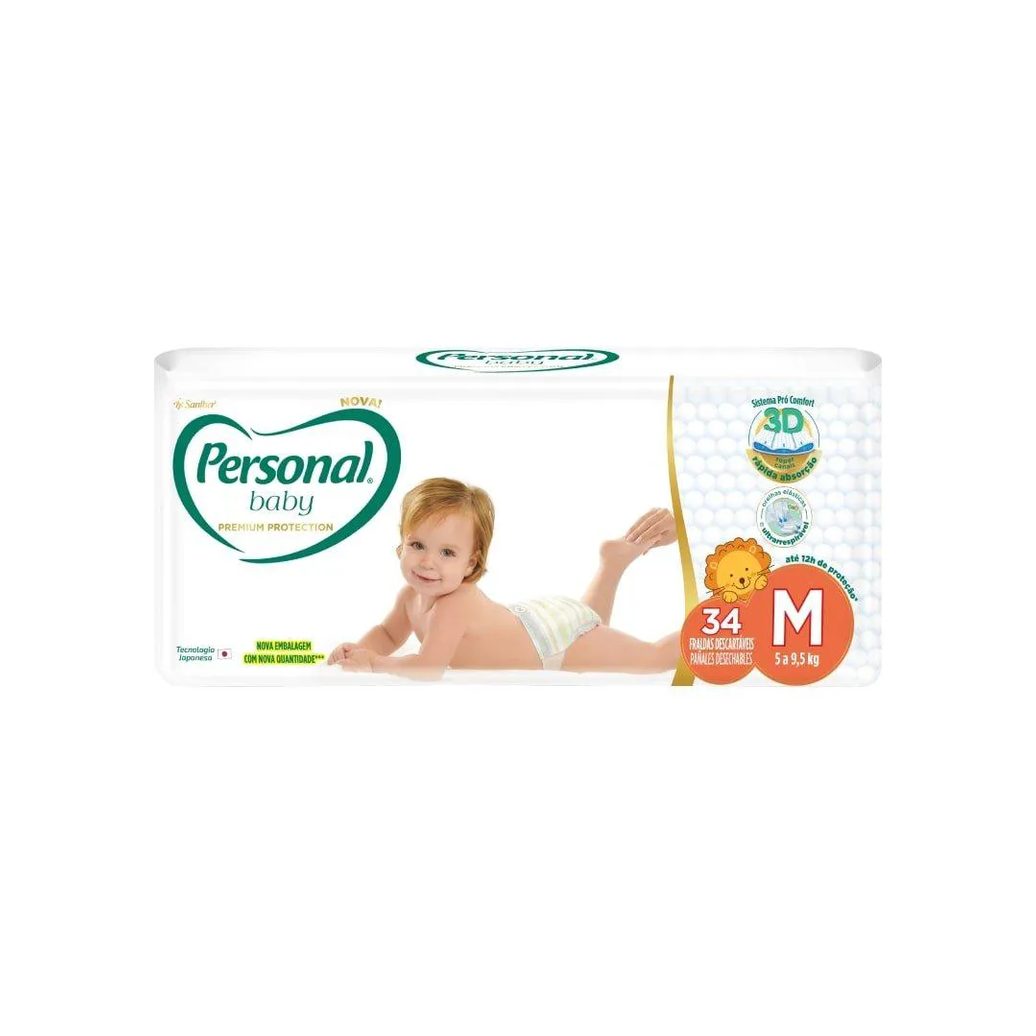 Fralda Descartável Personal Premium Tamanho M - 9 Pacotes com 34 Fraldas - Total de 306 Tiras