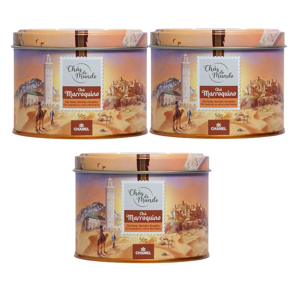 Kit 03 Chás do Mundo Pouch Chá Marroquino Lata 50g - Chamel