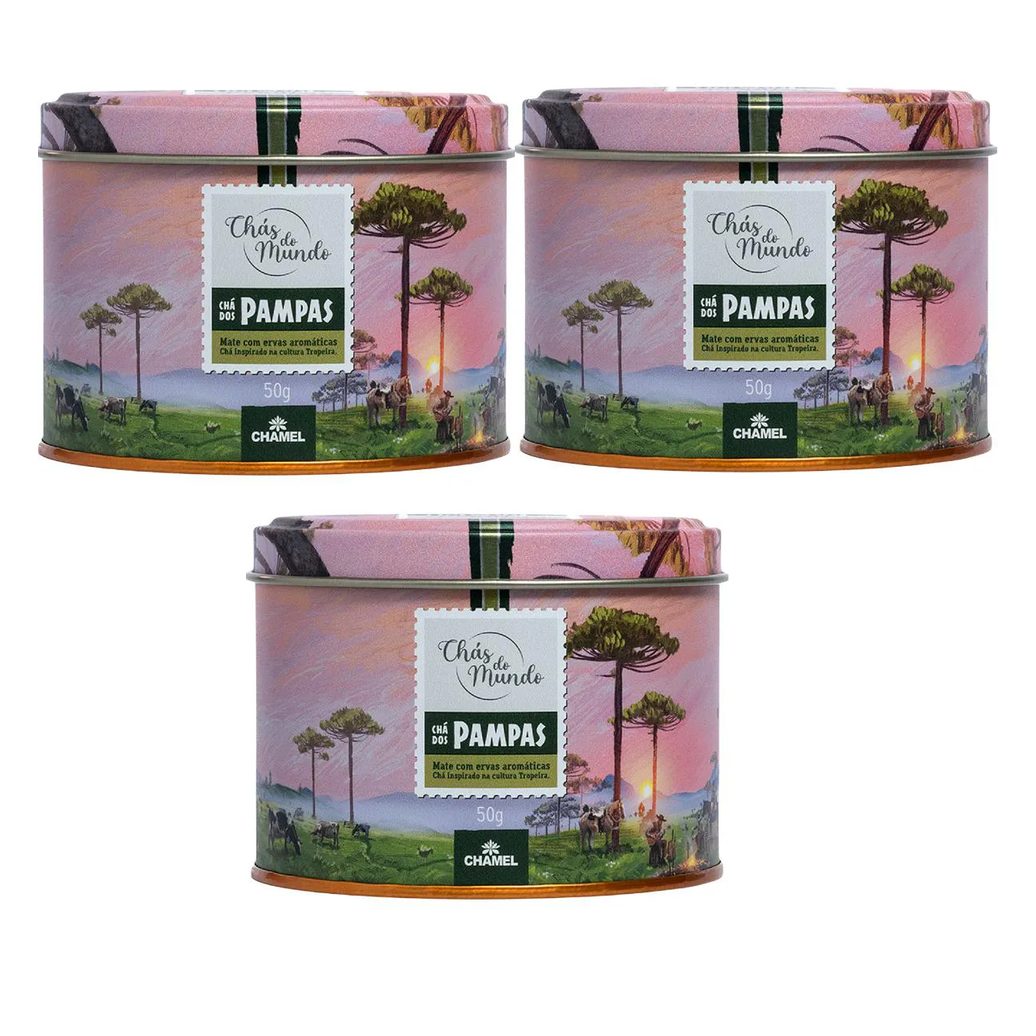 Kit 03 Chás do Mundo Pouch Chá Pampas Lata 50g - Chamel