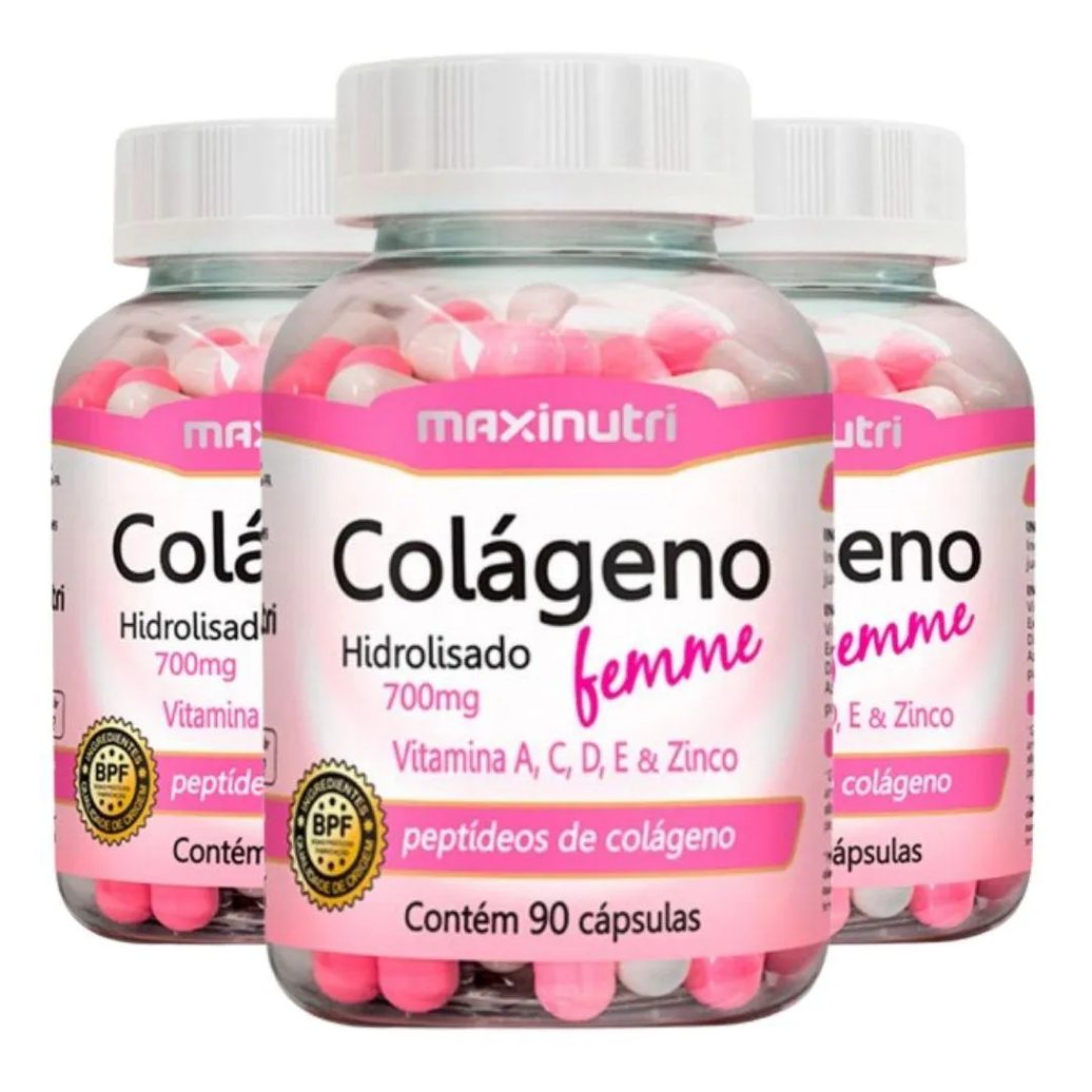 Kit 3x Colágeno Hidrolisado Femme + Vitaminas A, C, D, e e Zinco 90 cápsulas - Maxinutri
