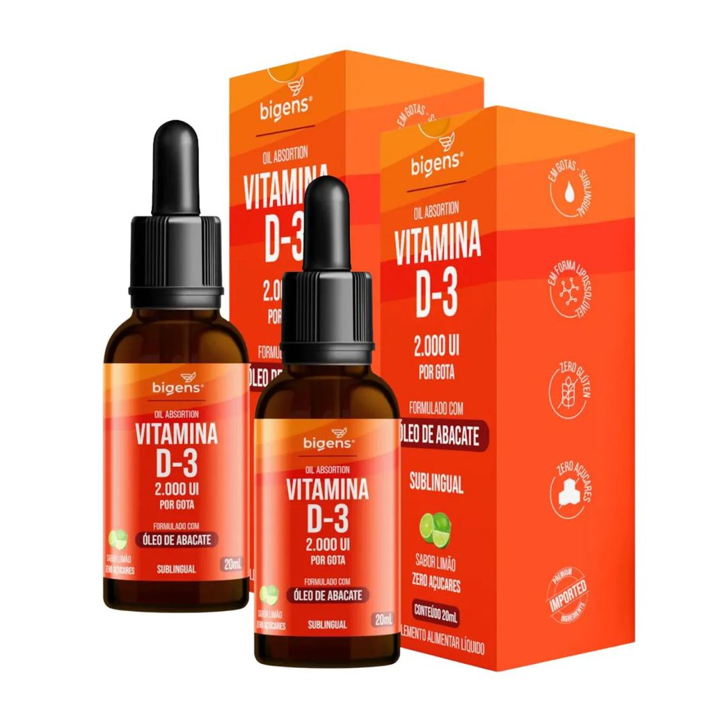 2X VITAMINA D3 2000UI ÓLEO DE ABACATE BIGENS LIMãO 20ML