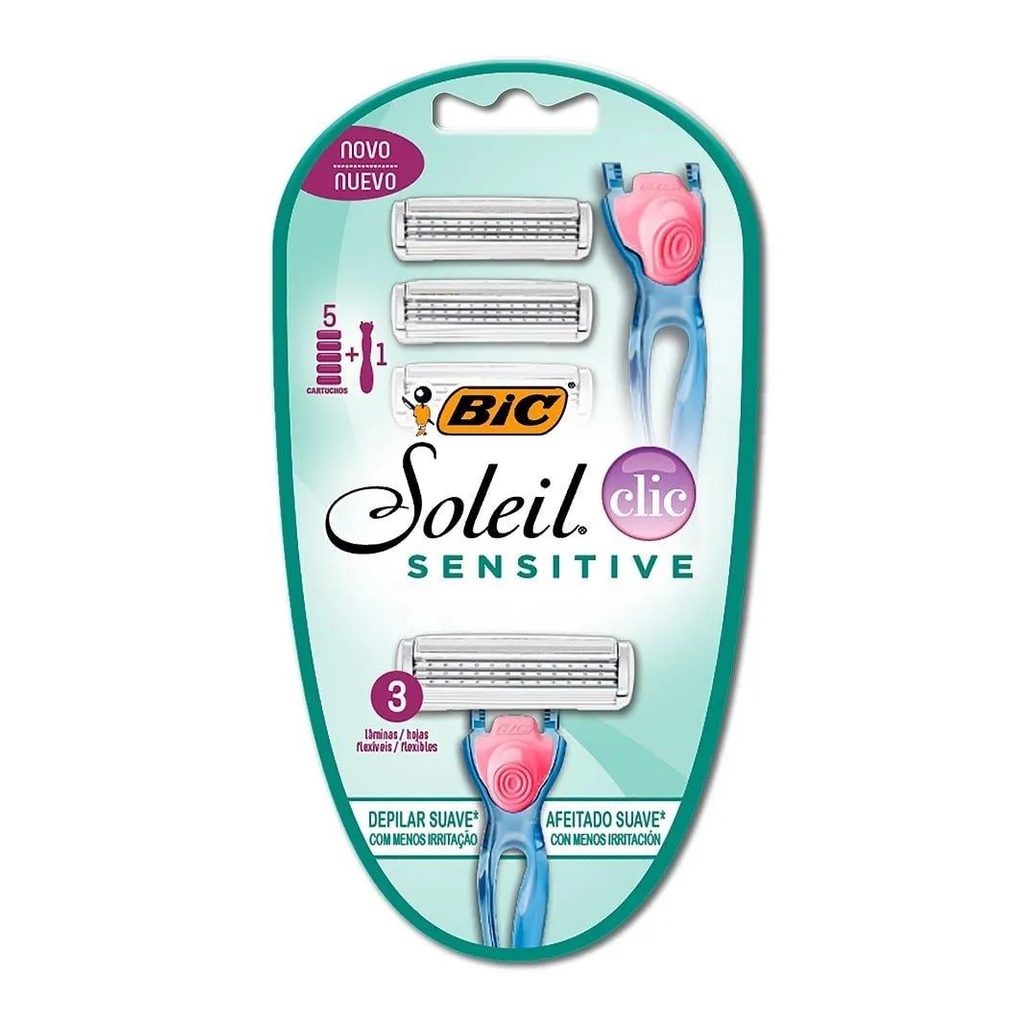 Aparelho de Barbear Bic Soleil Sensitive Click 3 Lâmina Flexível + 5 Cargas