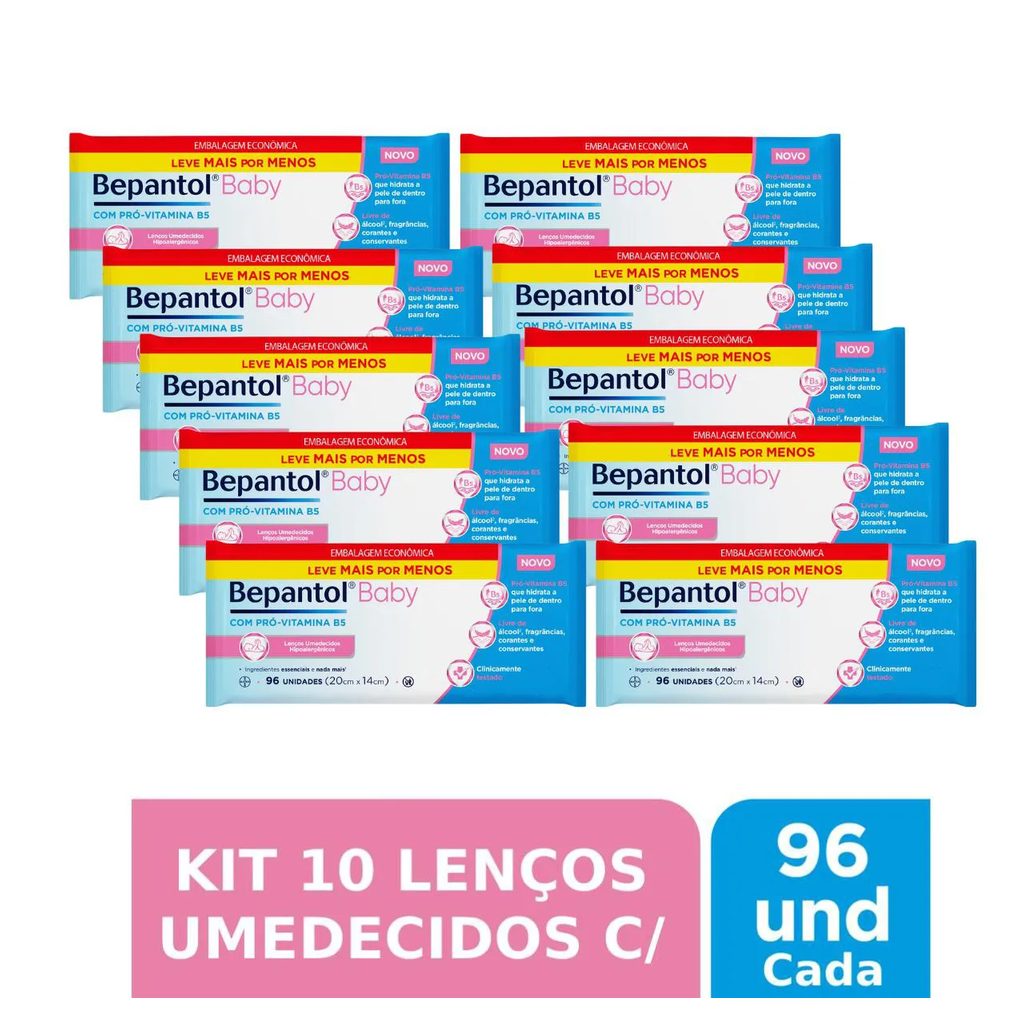 Kit 10 Lenços Umedecidos Hipoalergênicos 96Un Cada - Bepantol
