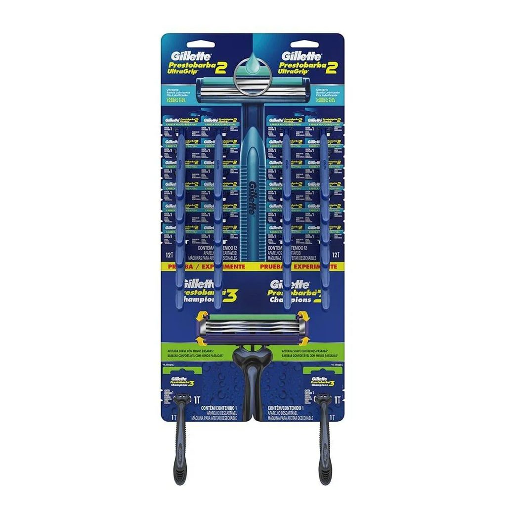 Aparelho Prestobarba Ultragrip 2 - 2 Embalagens com 12 unidades + Aparelho Prestobarba 3 Champions Embalagem com 2 unidades
