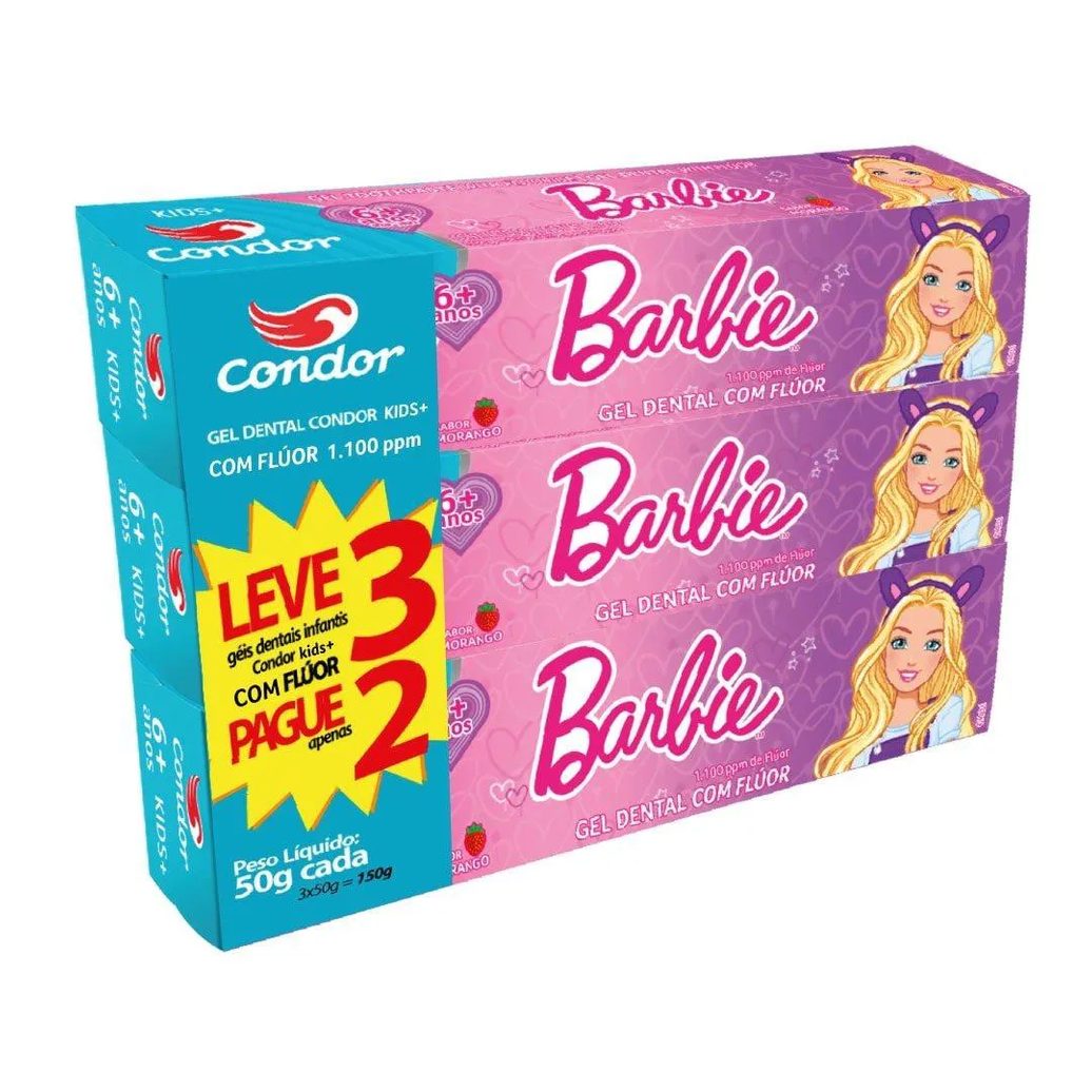 Creme Dental Condor Kids Barbie 50g Embalagem com 3 unidades