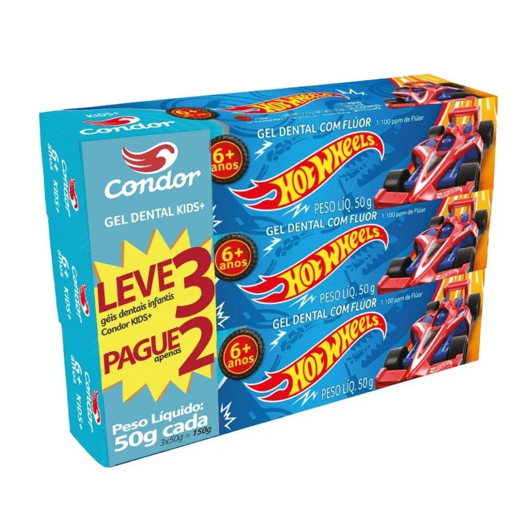 Creme Dental Condor Kids Hotweels 50g Embalagem com 3 unidades