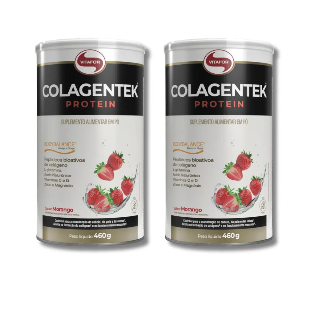 Kit 2 Colagentek Protein Lata 460g Vitafor Sabor:Morango