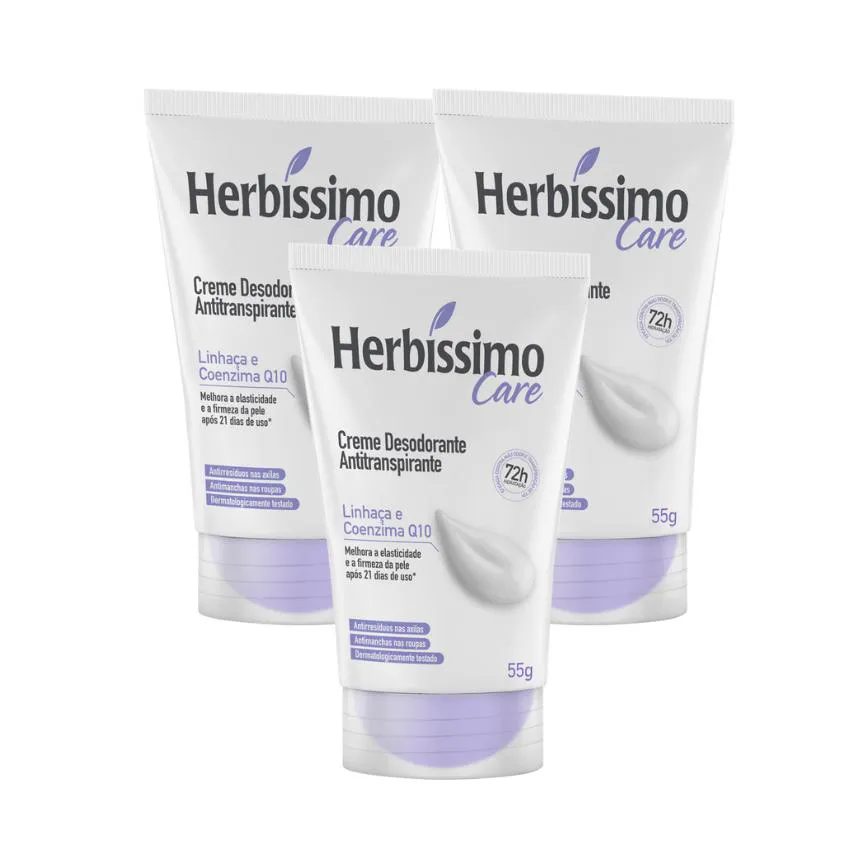Kit Creme Desodorante Antitranspirante Herbíssimo Care Linhaca e Coenzima Q10 Bisnaga 55g - 3 Unidades