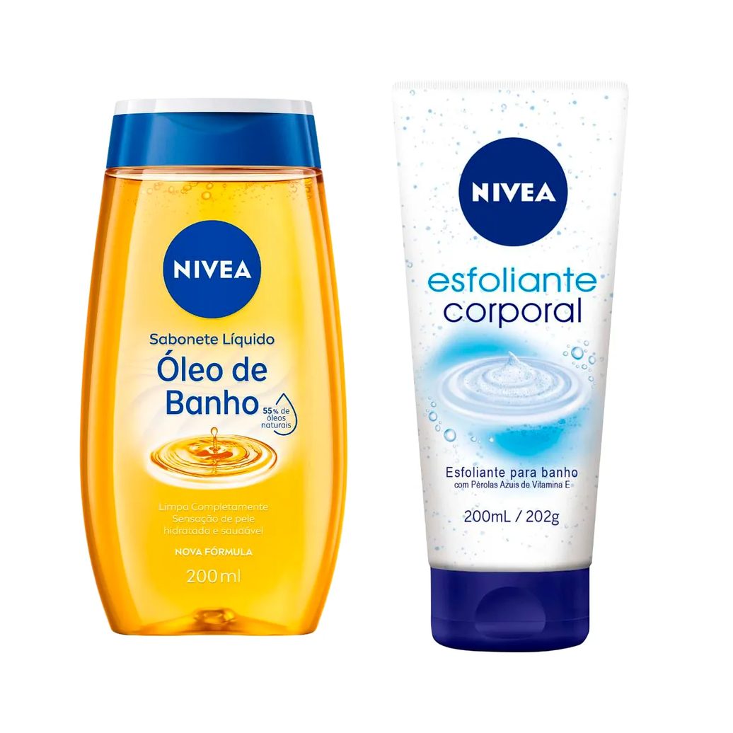 Kit Nivea Esfoliante Corporal para Banho 200ml + Sabonete Líquido Corporal Óleo de Banho 200ml
