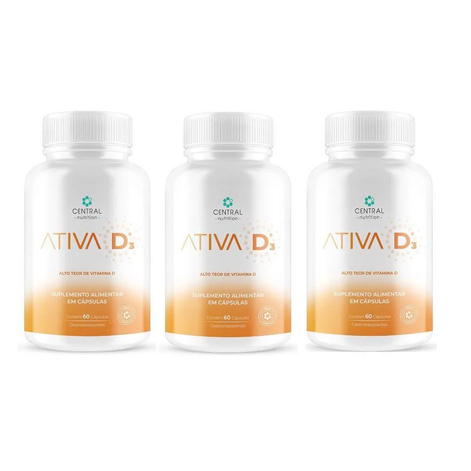 Kit com 3 Vitamina D3 Ativa D3 60 cápsulas - Central Nutrition