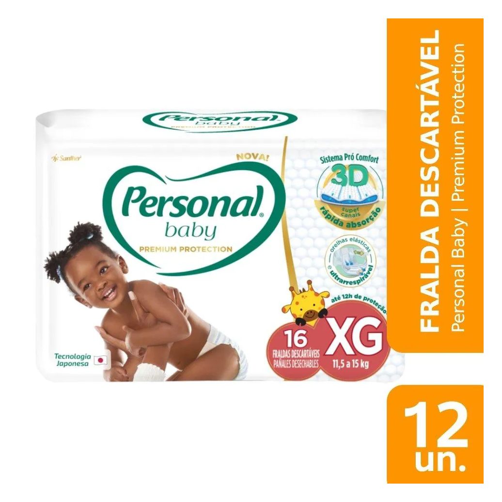 Fralda Descartável Personal Premium Jumbo Extra Grande - 12 Embalagens com 16 Fraldas - Total de 192 Tiras