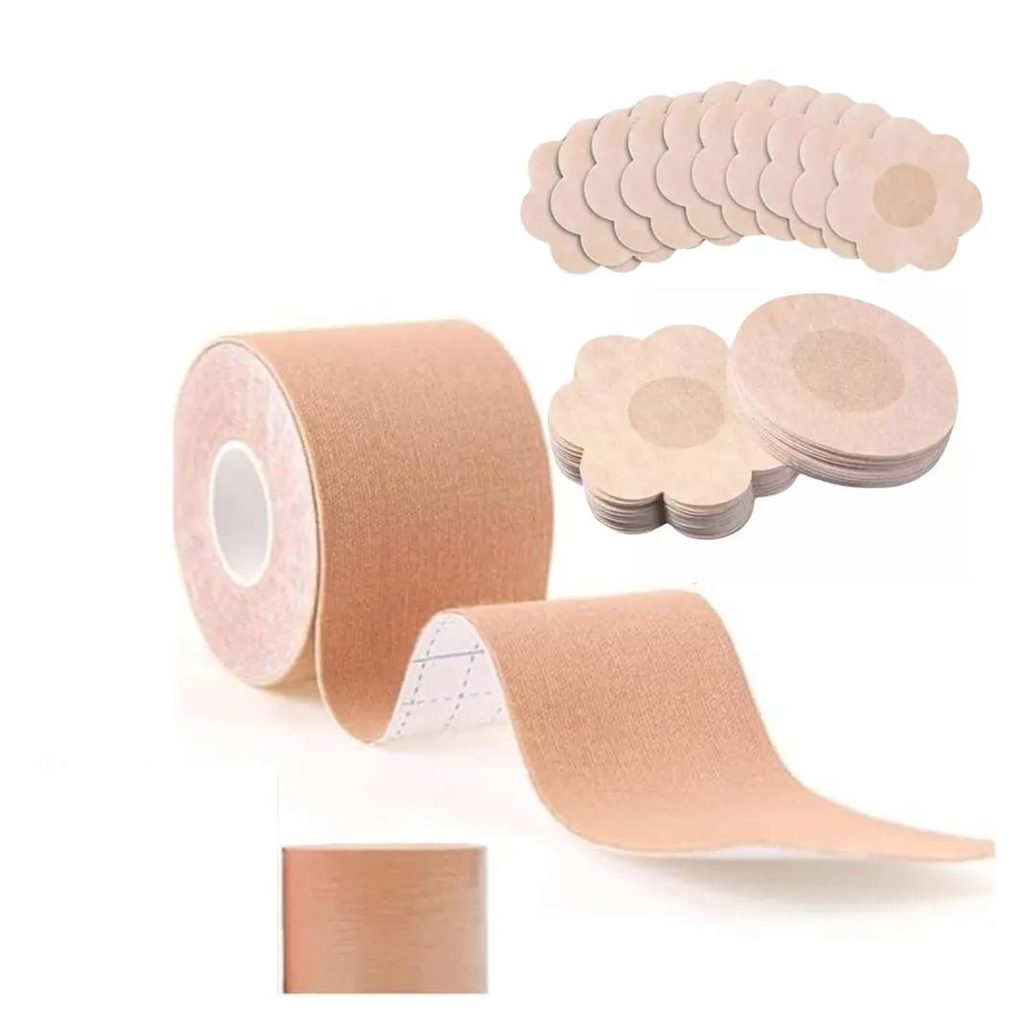 Kit Sutiã Adesivo Fita Levanta Peito Seios Mamas Fita Boob Up 5 Metros e 10 Protetor Tapa Mamilo