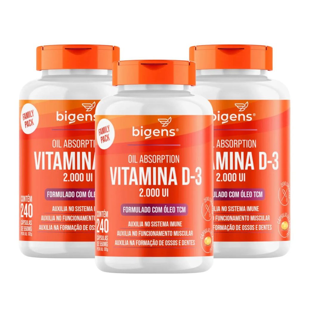 3X VITAMINA D3 2000UI + K2 MK7 ÓLEO DE OLIVA BIGENS 60 CAPSULAS SEM Sabor