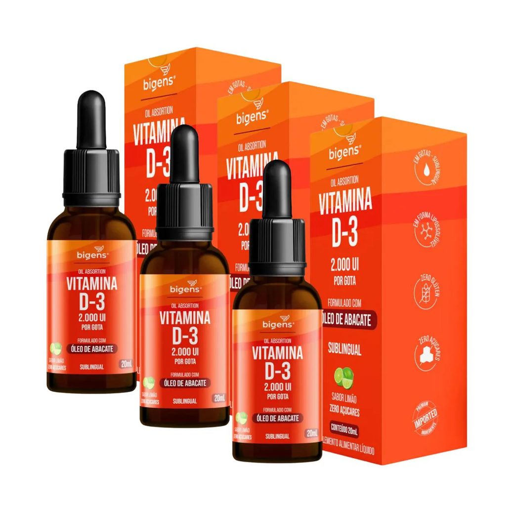 3X VITAMINA D3 2000UI ÓLEO DE ABACATE BIGENS LIMãO 20ML