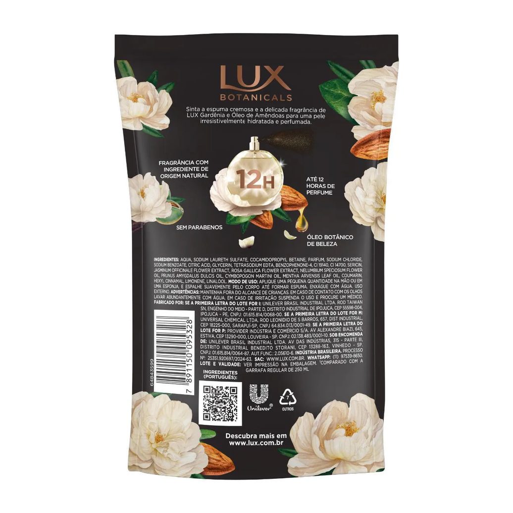 Refil Sabonete Líquido Lux Botanicals Gardênia e Óleo de Amêndoas 12h Glicerinado 200ml