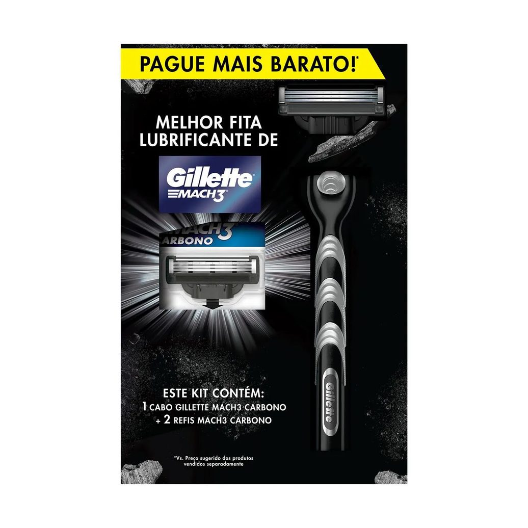 Kit Aparelho de Barbear Descartável Rosto Gillette Mach3 Carbono + 1 Refil