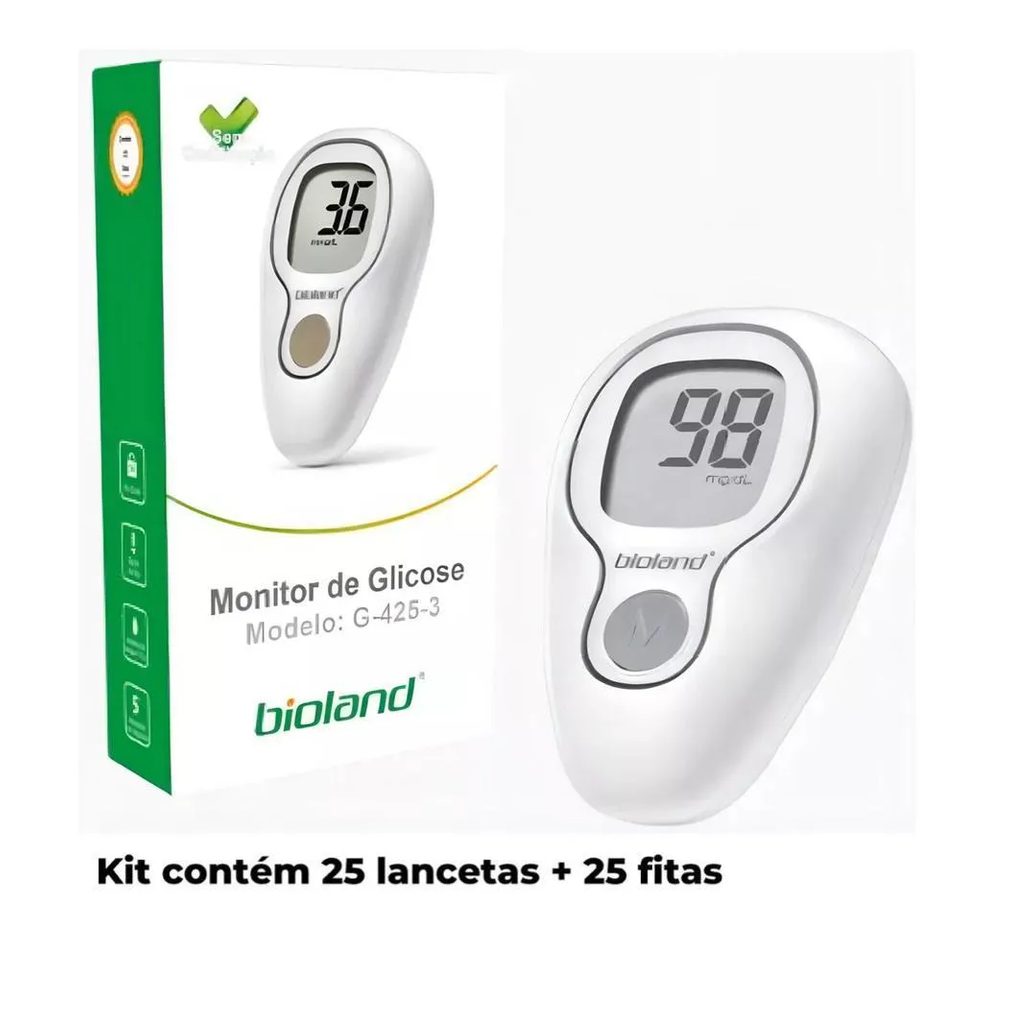 Monitor Glicose Kit 25 Fitas + 25 Lancetas Bioland G425-3