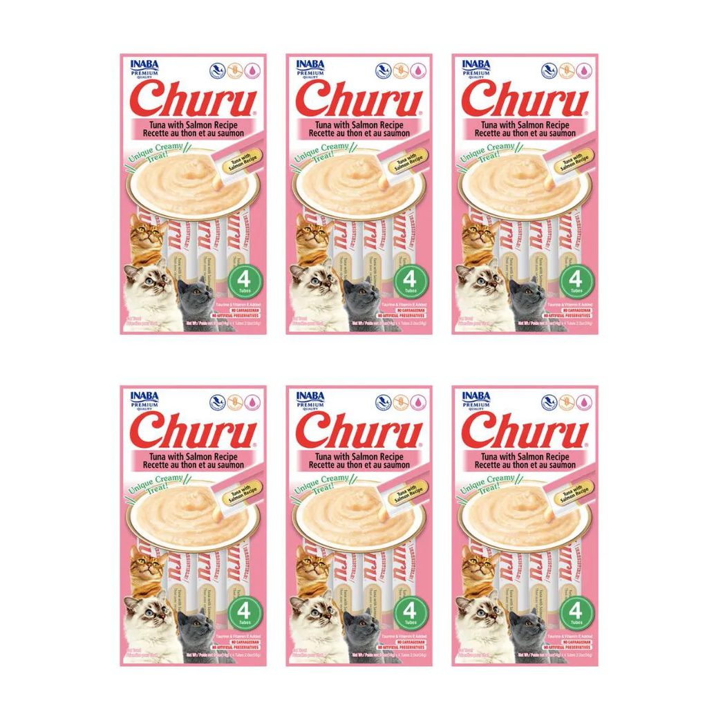 CAIXA 6 UNIDADES PETISCO PURê CHURU ATUM E SALMãO PARA GATOS 56G