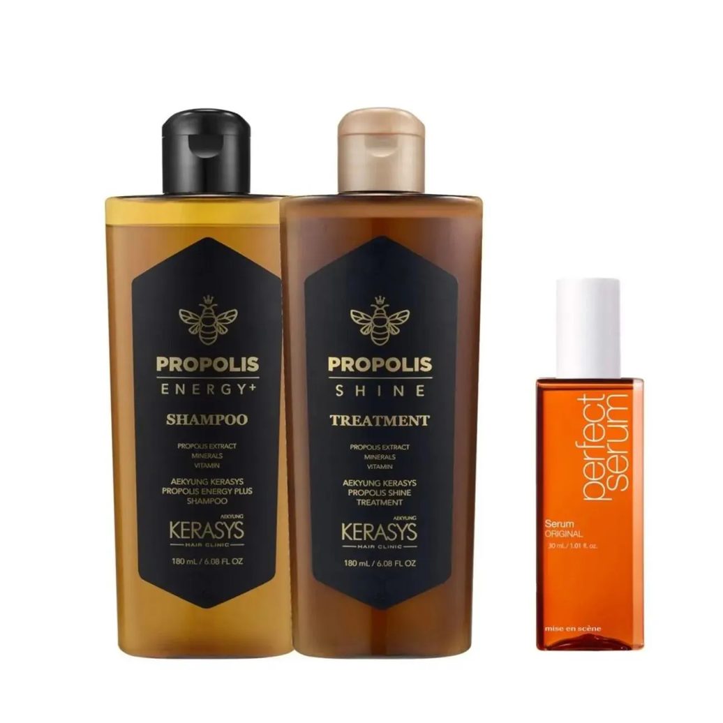 Kerasys Kit Korean Trio Propolis Shine Sh180ml + Tratamento 180ml + Perfect Serum 30ml