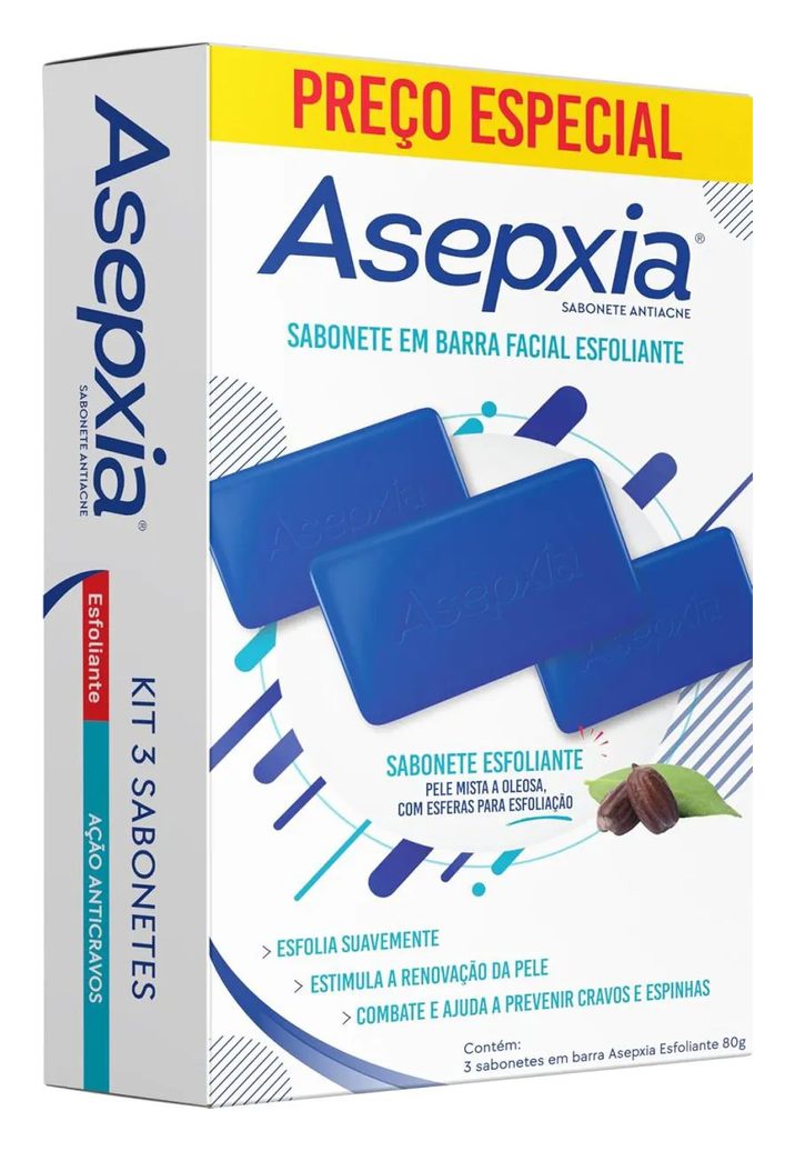 Sabonete em Barra Asepxia Esfoliante - Ação Anti Cravos - Kit com 3 Unidades de 80g