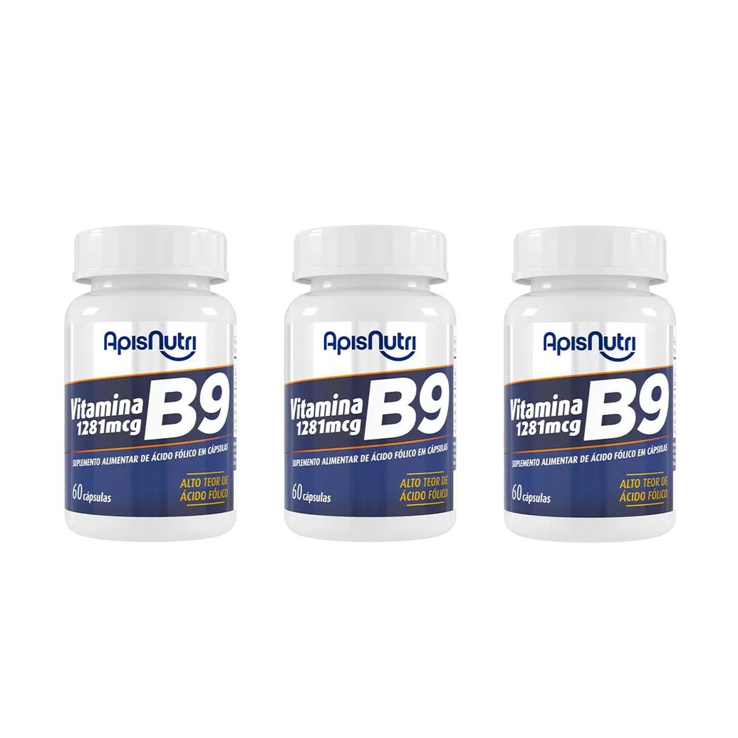 Kit 3 Vitamina B9 1281mcg Acido Folico 60 cápsulas - Apisnutri