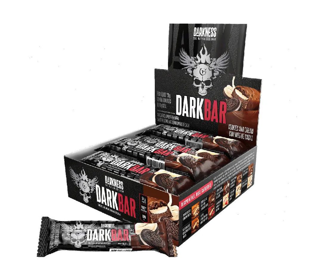 Dark Bar Caixa 8 unidades (720g) - Sabor: Cookies And Cream C/ Nibs de Cacau