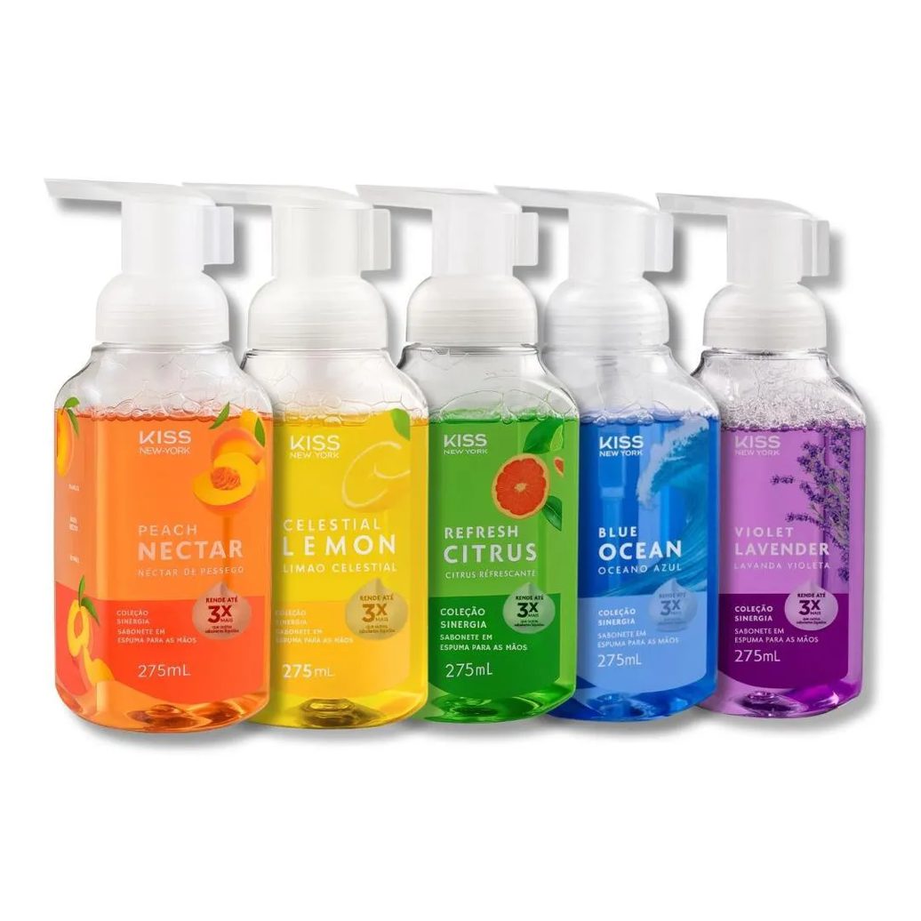 Kit Kiss New York Coleção Sinergia 5 Sabonetes em Espuma: Celestial Lemon, Violet Lavender, Peach Nectar, Refresh Citrus e Blue Ocean 275ml