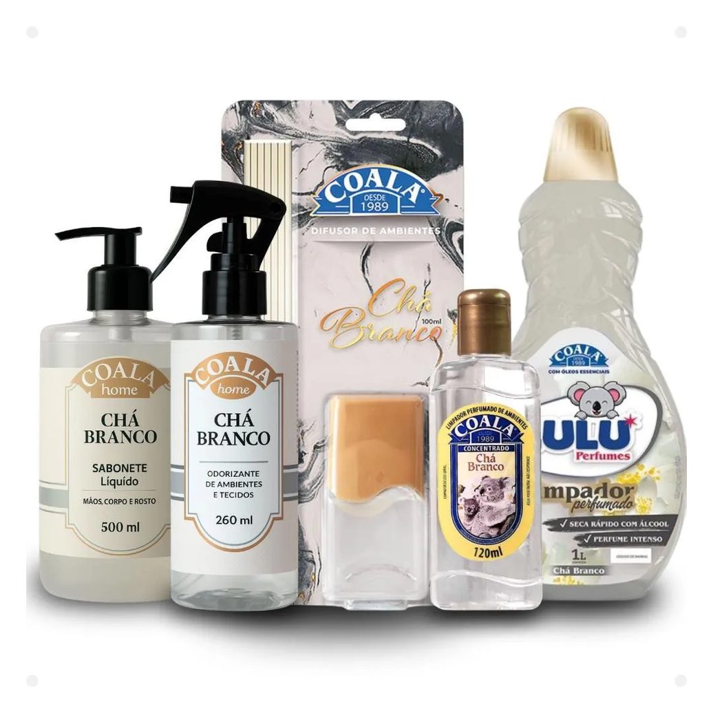 Kit Coala Chá Branco: Sabonete Líquido, Difusor de Aromas, Odorizantes, Limpador Perfumado 120ml e Limpador Zulu 500ml