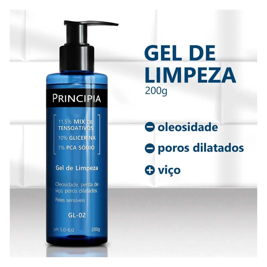 Kit Facial Principia Skincare Gel de Limpeza Suave GL-02 200ml + Protetor Solar PS-01 FPS 60 40ml + Sérum Anti-Idade Mix-02 30ml