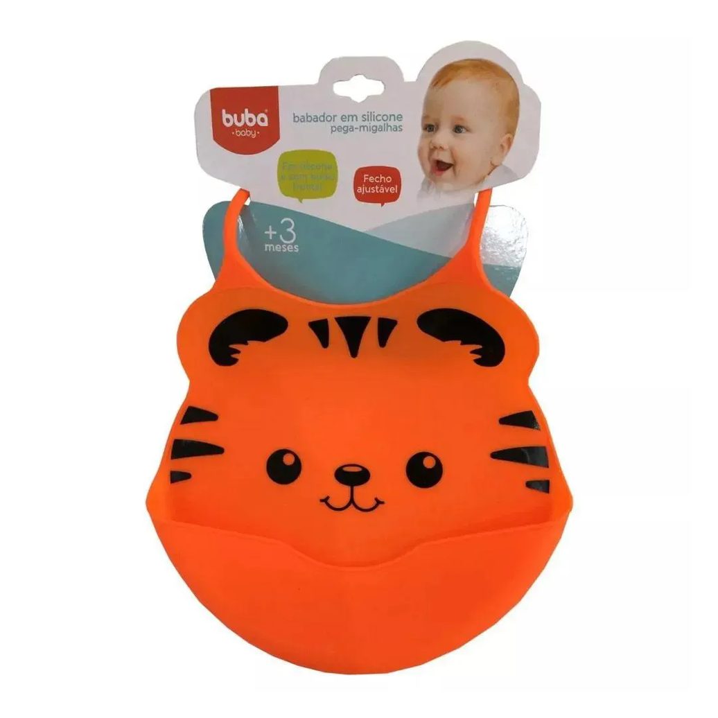 Babador Silicone Com Pega Migalhas Tigre Laranja Buba