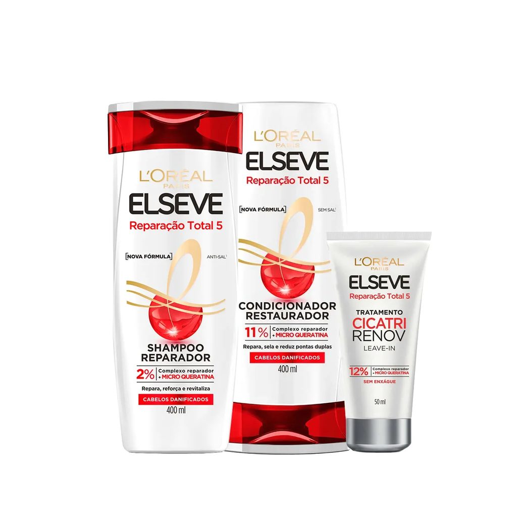 Kit L'Oréal Paris Elseve Reparação Total 5 Shampoo 400ml + Condicionador 400ml + Leave-in Cicatri Renov 50ml