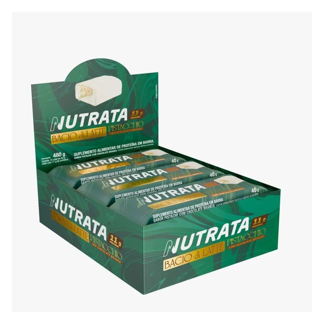 Barra Proteica Nutrata Bacio Di Latte Caixa com 12 unidades (480g) - Sabor: Pistacchio com Chocolate Branco