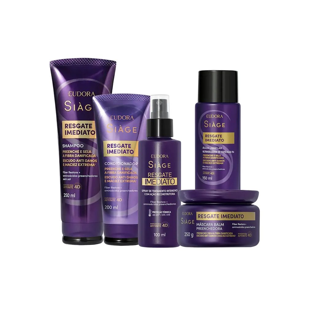 Kit Eudora Siàge Resgate Imediato Shampoo 250ml + Condicionador 200ml + Máscara 250g + Água Lemelar 250g + Leave-In 100ml