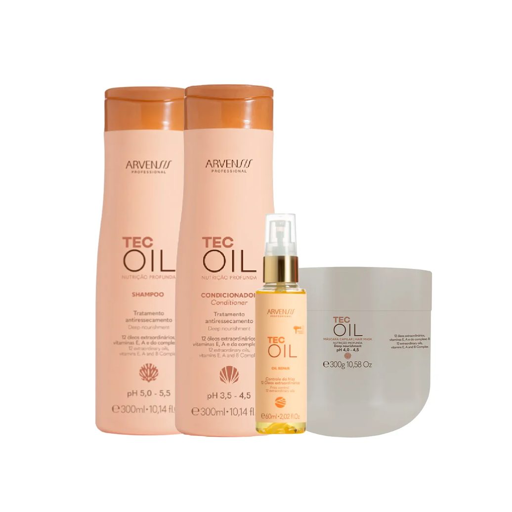 Kit Arvensis Tec Oil Nutrição Profunda Shampoo 300ml + Condicionador 300ml + Máscara 300g + Óleo Reparador 45ml